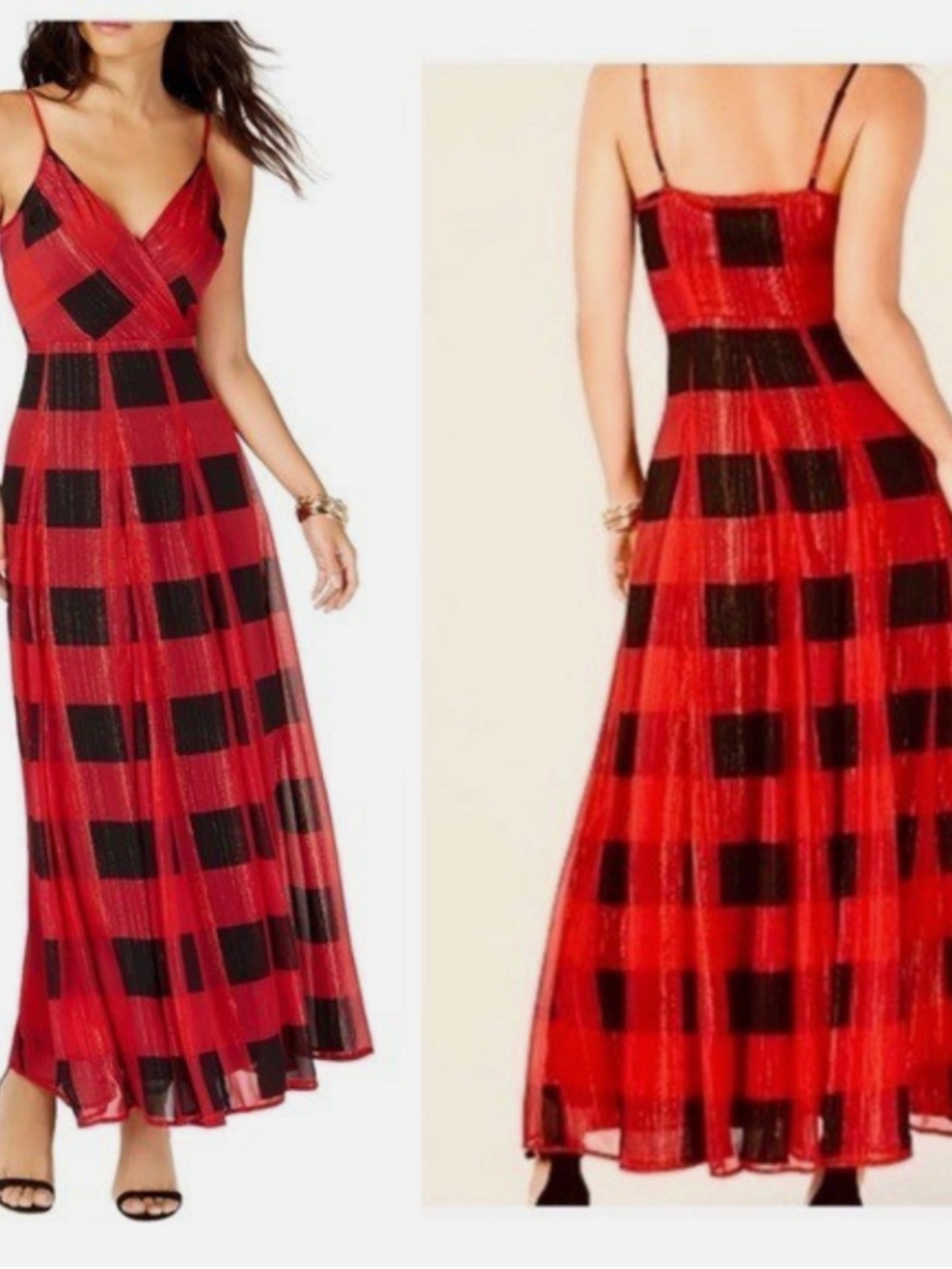 NWT INC International Concepts Red and Black plaid Spaghetti-Strap Maxi Dress